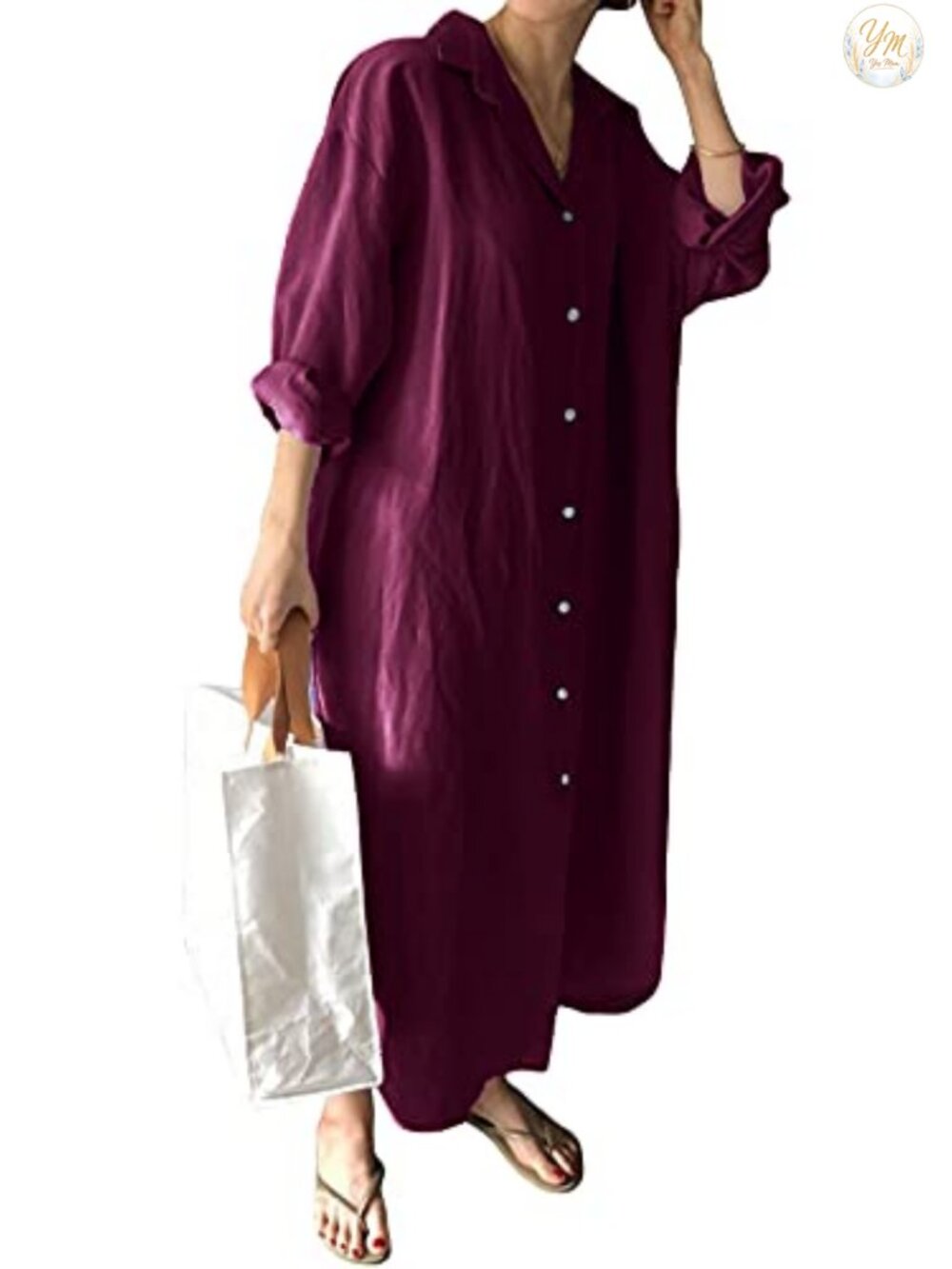 Womens 100% Cotton Button Down Long Sleeve Oversize Maxi Dress Plus Size Casual